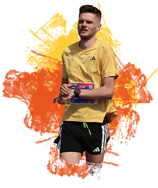 Splitshape's founder running a marathon, checking his watch